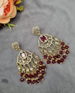 Boucles d'oreilles pendantes ethniques ovales en pierres précieuses pour femmes, plaqué or antique, style designer, pour fêtes traditionnelles, vente en gros - Product Image 5