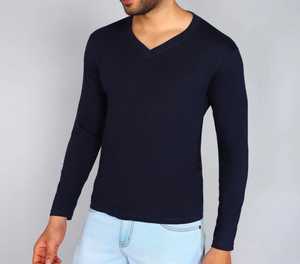 T-shirt à manches longues pour homme, col rond, noir uni, coupe décontractée, tricoté - Product Image 2