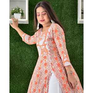 Conjunto de Kurta de Algodón Transpirable con Estampado Floral para Mujer en Naranja Brillante, Talla XS - Product Image 5