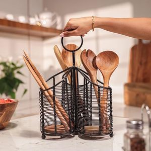 Support de cuisine moderne en métal, porte-ustensiles cylindrique sur pied pour cuillères et spatules en bois, organisateur de rangement durable - Product Image 5