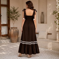 Robe longue marron tissée à bretelles nouées pour femme, taille naturelle, col cœur, ourlet à volants, écologique, décontractée, élégante, pour l'été, la plage et les soirées