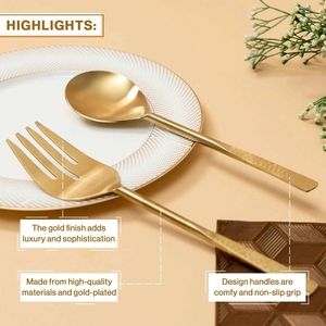 Ensemble de couverts de luxe en acier inoxydable doré moderne, cuillère et fourchette de service finition mate pour mariage, fête, dîner, vaisselle de table - Product Image 3