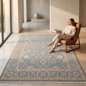 Blue Floral Area Rug Embroidered Carpet Soft Pile Latex Backed Non Slip Washable Floor <b>Mat</b> for Home Hotel - Product Image 3