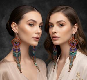 Boucles d'oreilles longues en macramé à franges tribales |   Bijoux à pampilles extra longues avec pierres précieuses |   Mangalmay Corporation Inde - Product Image 3