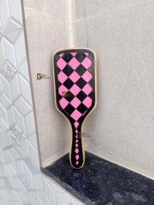 2026 New Design Handmade Hand <b>Tooled</b> <b>Leather</b> Wooden Hair Brush With Pink & Black Checkered Pattern Minimalist Design - Product Image 5