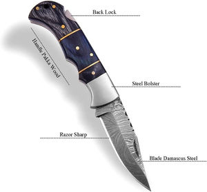 Cuchillo de bolsillo personalizado hecho a mano con hoja de acero de Damasco, mango de madera y funda de cuero fino, cuchillo para acampar, cuchillo de pesca - Product Image 3