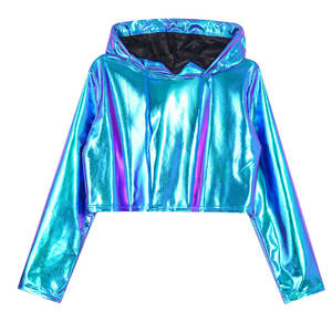 Haut court à capuche pour femme, à manches longues, avec cordon de serrage, à sequins et empiècements métalliques sur le devant, écologique, pour festivals de musique, soirées rave et scène - Product Image 1