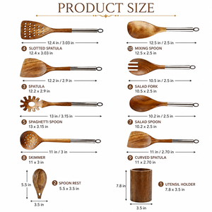 Juego de 10 utensilios de madera de acacia - Diseño clásico, cucharas antiadherentes con mango largo de metal, ecológicos, regalo de boda, pulidos con cera - Product Image 4