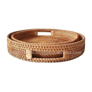 Rattan Storage Tray Round Basket With Cut Out Handle Hand Woven Rattan Tray Basket Bread Fruit Food Breakfast Display