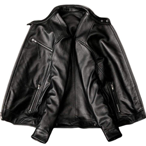 Men's Genuine Leather Motorcycle <b>Jacket</b> Stand Collar Zipper Closure Solid Color Autumn Regular Fit - Product Image 5