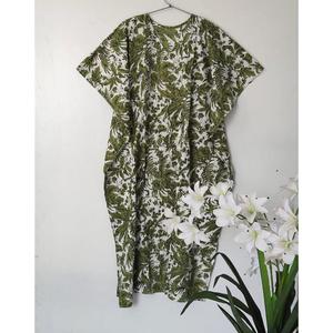 Women’s Boho V-Neck Tropical Leaf Hand Print <b>Kaftan</b> Dress Olive Green Cotton Loose Fit <b>Summer</b> Beach Dress - Product Image 1