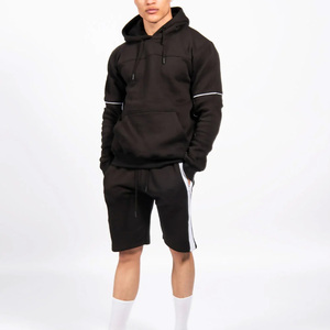 Conjunto de Sudadera con Capucha y Pantalones Cortos Negros para Hombre, Sudadera de Felpa Francesa de Color Sólido con Raya Blanca, Ropa Deportiva Informal de Verano - Product Image 1
