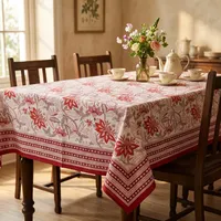 Nappe à motifs floraux rouge et blanc en coton, motif classique, motif imprimé à la main, décoration de la maison