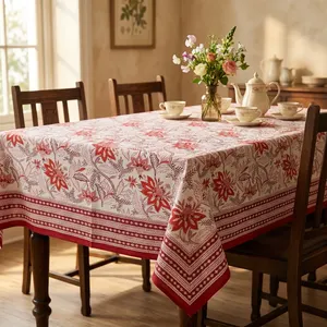 Mantel con estampado floral rojo y blanco, de algodón, con diseño clásico, estampado a mano, decoración para el hogar. - Product Image 4