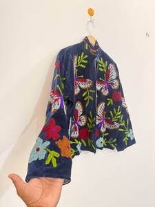 Fashion Embroidered <b>Velvet</b> Winter Lightweight Bomber <b>Jacket</b> with Floral Butterfly Pattern Zipper Closure Reversible Boho Design - Product Image 3