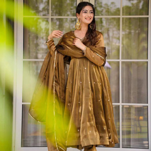 Robe Anarkali de Luxe en Soie Métallique Bronze pour Femme, Broderie Or Antique, Longue Robe avec Dupatta, Tenue Indienne de Créateur pour l'Été - Product Image 1
