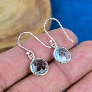 Natural Blue Topaz Round Shape Gemstone Dangle <b>Hook</b> <b>Earring</b> 925 Sterling Silver Finish - Product Image 4
