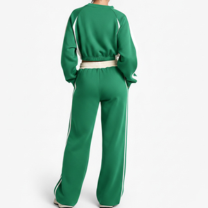 Hot Selling Relaxed fit Crop Top Sweatshirt & Baggy Jogger <b>Set</b> Casual Wear Breathable Fashionable COlor Block Sweatsuit - Product Image 3