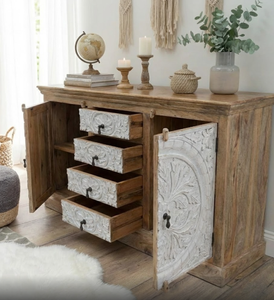 Aparador Modular Ajustable para Sala de Estar, Tallado a Mano en Madera, Tradicionalmente Blanco, Ecológico, Moderno - Product Image 4