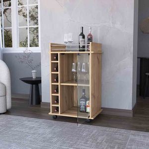 Carrello da Bar a due livelli con finitura in rovere chiaro serie di balimore con porta in vetro sei vani per servizi per bevande - Product Image 4