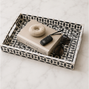 Wholesale Geometric <b>Decorative</b> Tray Black and White <b>Moroccan</b> Bone Inlay Coffee Table Ottoman Tray with Cutout Handles - Product Image 3