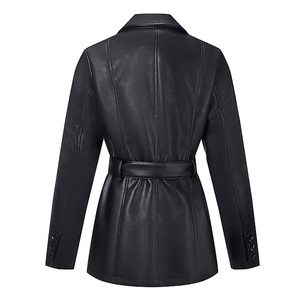 Manteau trench classique en cuir véritable avec ceinture, col à revers, bouton unique, manches longues, longueur midi, vêtements d'extérieur pour femmes - Product Image 3