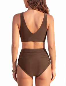Customization Brown Waisted Bikini Set Two Piece Swimsuit <b>Tummy</b> <b>Control</b> Cross Wrap Crop Top Bathing Suit Summer Beachwear - Product Image 2