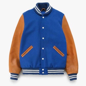 Blue Color Wool With <b>Leather</b> Sleeve Men's Clothing <b>Jackets</b> OEM Custom Made Baseball Varsity <b>Winter</b> College Button Decoration - Product Image 1