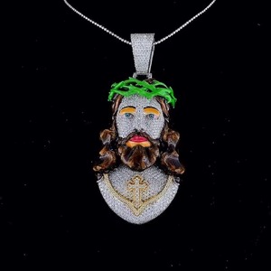 Pendentif Visage de Christ en Argent 925 Moissanite Sertie de Pierres, Breloques Religieuses Plaqué Or 18K, Bijoux Chrétiens pour Hommes, Pendentif Hip Hop - Product Image 1