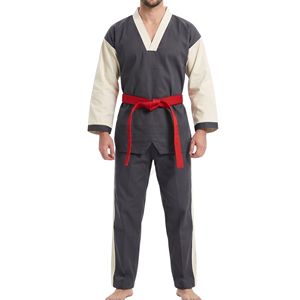Tenue d'entraînement de karaté bicolore gris crème avec pantalon anthracite et empiècements contrastants pour studio - Product Image 1