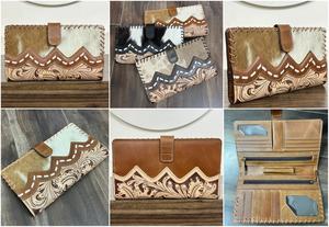 Portefeuille long en cuir de vache à poils, design tendance 2025, style occidental, avec motif floral en cuir travaillé à la main, portefeuille en cuir fait main pour femmes - Product Image 3