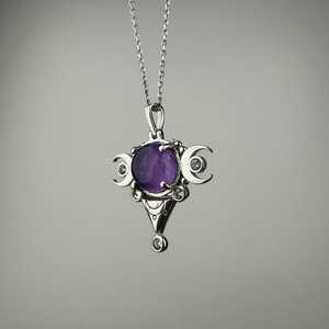 Triple Moon Amethyst Pendant 925 Silver Bezel Setting Vintage Neo Gothic Hecate Charm Unisex Engagement Jewelry Everyday Wear - Product Image 3