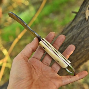 Hand Forged Damascus Steel Bushcraft <b>Knife</b> Camel <b>Bone</b> <b>Handle</b> Full Tang Hawkbill <b>Knife</b> with Leather Sheath Custom OEM - Product Image 4