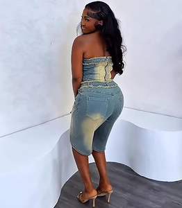 Conjunto de 2 piezas de mezclilla para mujer, top y shorts, de algodón, a la moda, deportivo, precio de fábrica, con logo personalizado, venta al por mayor 2026 - Product Image 5