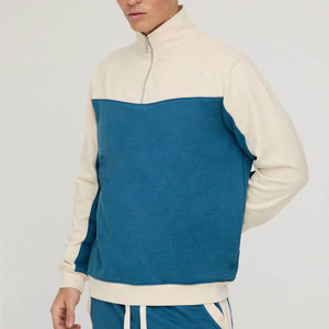 Sudadera Sostenible de Bajo Precio con Bloques de Color, Media Cremallera, Corte Regular, Cuello Alto, Estilo Casual para Otoño, Azul y Crema, FRENCH TERRY - Product Image 1
