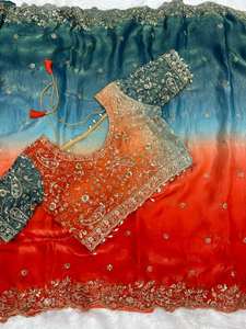 Sari de Lujo con Degradado Verde y Rosa y Borde de Lentejuelas – Colección Lista para Usar para Fiestas - Product Image 4