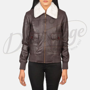 Chaqueta Bomber de Cuero Genuino Marrón Borgoña para Mujer, con Cuello de Piel Sintética Blanca, Corte Ajustado, Piel de Oveja Premium, Chaqueta de Piloto para Invierno - Product Image 3