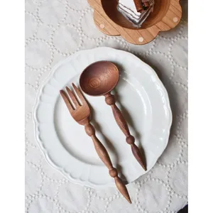 סט סכו "ם עץ כלי שולחן בעבודת יד עיצוב עתיק ידית אכילה ערכת כלים לבית מלון ומסעדה