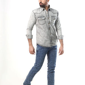 Chemise en jean pour homme, manches longues, couleur unie, col boutonné, coupe ajustée, coton délavé - Product Image 6