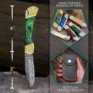 มีดพับใบมีดเหล็กดามัสกัสลายใหม่แกะสลักด้วยมือ ด้ามไม้สีเขียว - Product Image 2