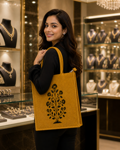Mustard Jute Tote <b>Bag</b> with Black Hand Block Print Zipper Eco Friendly <b>Reusable</b> Shopping <b>Bag</b> - Product Image 5