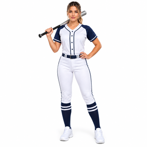 <b>Women</b> Baseball Uniform Set White <b>Navy</b> Raglan Sleeve Fitted Jersey Pants With <b>Belt</b> Moisture Wicking All Seasons Sport Wear - Product Image 1