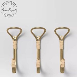 Manufacturer Wholesale Small Rattan Wrapped Gold Brass <b>Wall</b> Hooks 3 Pcs <b>for</b> Bathroom <b>Wall</b> Hat <b>Racks</b> <b>Key</b> Hooks Metal Material - Product Image 1