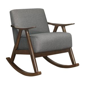 Moderna Sedia a Dondolo in Tessuto Grigio con Finitura in Noce Scuro, Seduta e Schienale Imbottiti per Soggiorno - Product Image 1