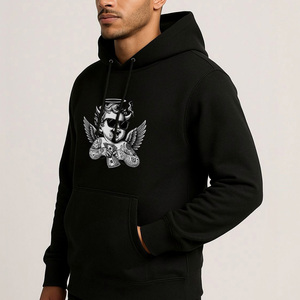Sweat-shirt à capuche pour homme avec motif d'ange tatoué, en coton noir, en molleton français, streetwear, fabricant de vêtements - Product Image 4