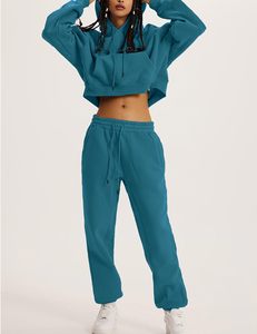 Conjunto Deportivo de Invierno para Mujer, Tallas Grandes, Diseño Personalizado, con Capucha, Estampado Sólido, Sin Costuras, Elástico en 4 Direcciones, Top Corto y Pantalones, 100% Algodón - Product Image 4