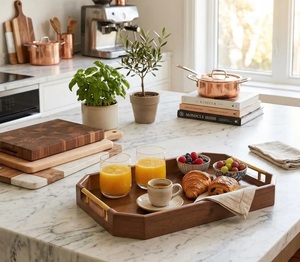 Octagonal Wooden Serving Tray With Handles Anti Spill <b>Coffee</b> <b>Table</b> Breakfast Serving Tray wooden utility tray - Product Image 1