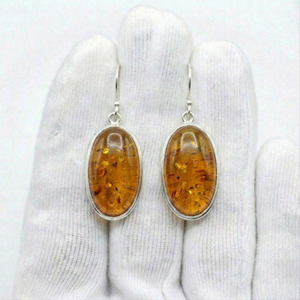 Boucles d'oreilles pendantes ovales en argent sterling 925 massif, serties d'ambre fait main et de pierres précieuses - Product Image 2