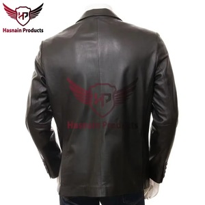 Mens Real Black <b>Leather</b> <b>Blazer</b> Slim Fit Formal Suit Two Button Cowhide Coat Notch Lapel Custom Classic Fashion Business - Product Image 4