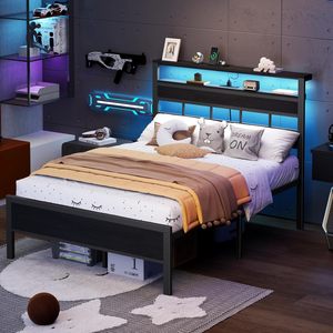 Cama Moderna de Metal Inteligente de Tamaño Completo con Iluminación LED, Cabecera Tapizada, Muebles de Dormitorio en Blanco y Negro, Directo de Fábrica - Product Image 3